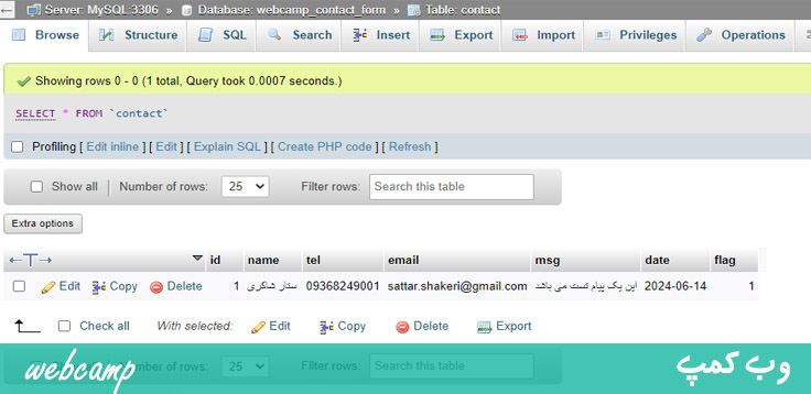 جدول contact جهت ذخیره اطلاعات فرم تماس با ما